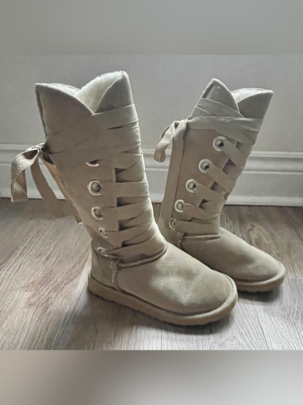 UGG Australia Roxy Tall Y2K Lace-Up Sheepskin Boots in Sand (Cream/Taupe)